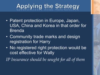 Patent protection in Europe, Japan, USA, China and Korea in that order for Brenda Community trade marks and design registration for Harry No registered right protection would be cost effective for Wally IP Insurance should be sought for all of them 