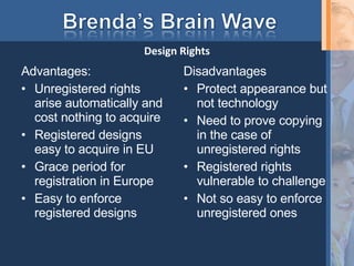 Advantages: Unregistered rights arise automatically and cost nothing to acquire Registered designs easy to acquire in EU Grace period for registration in Europe Easy to enforce registered designs Disadvantages Protect appearance but not technology Need to prove copying in the case of unregistered rights Registered rights vulnerable to challenge Not so easy to enforce  unregistered ones Design Rights 