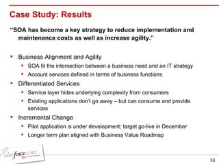 Case Study: Results “ SOA has become a key strategy to reduce implementation and maintenance costs as well as increase agility.” Business Alignment and Agility SOA fit the intersection between a business need and an IT strategy Account services defined in terms of business functions Differentiated Services Service layer hides underlying complexity from consumers Existing applications don’t go away – but can consume and provide services Incremental Change Pilot application is under development; target go-live in December Longer term plan aligned with Business Value Roadmap 