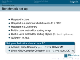 Android Overview                    Native code for Android       Benchmarking


Benchmarking set-up


Benchmark set-up


              Heapsort in Java
              Heapsort in a daemon which listenes to a FIFO
              Heapsort in a JNI library
              Built-in Java method for sorting arrays
              Built-in Java method for sorting objects (PriorityQueue)
              Quicksort in Java

      Setup on Android and on a Linux PC
              Android: Code Sourcery gcc -O3 vs. Dalvik VM
              Linux: GNU Compiler Collection gcc -O3 vs. Sun JDK 1.6
 