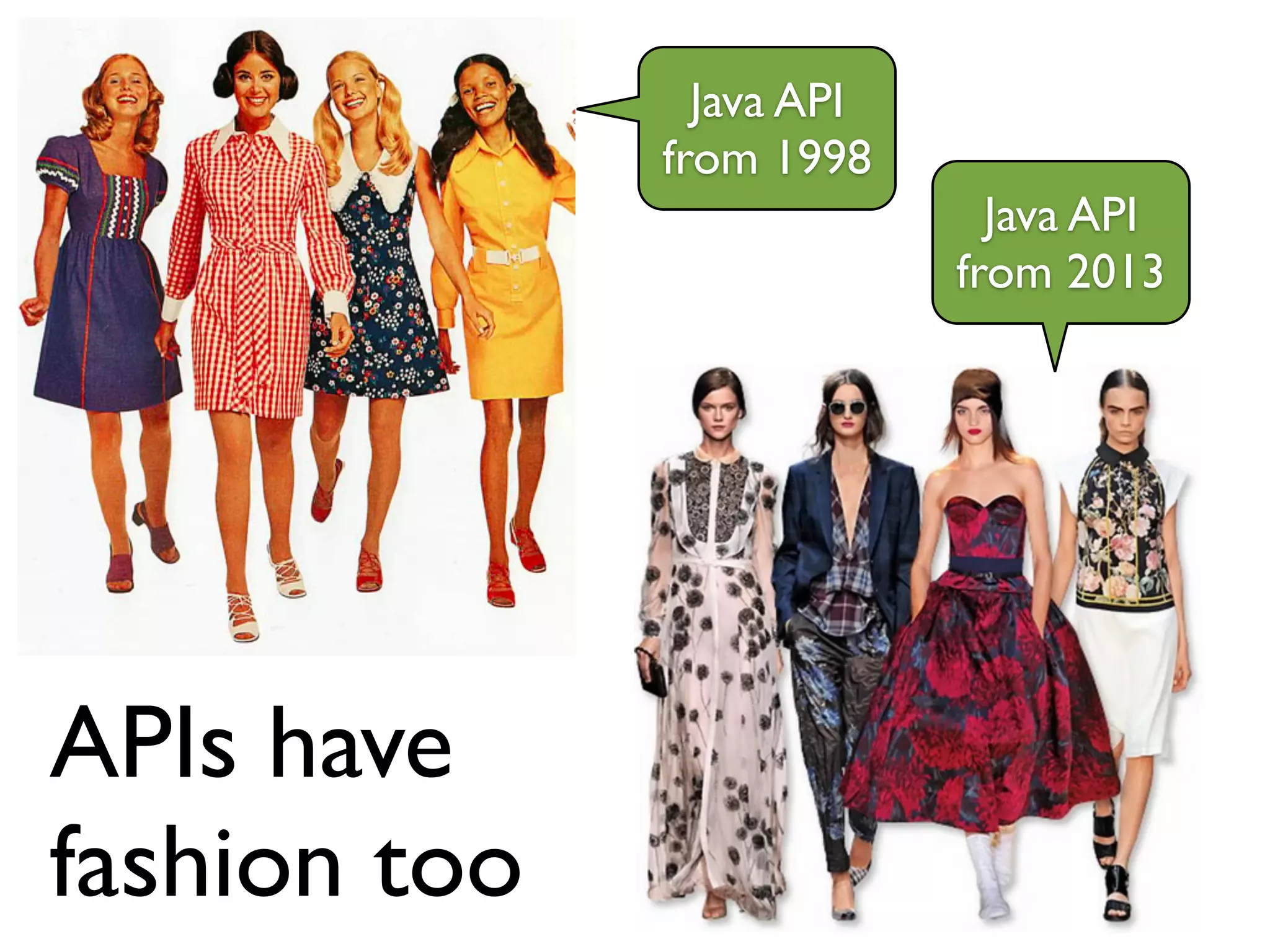 APIs have
fashion too
Java API	

from 1998
Java API	

from 2013
 