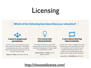 Licensing
http://choosealicense.com/
 