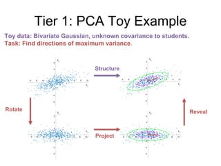 Tier 1: PCA Toy Example
Toy data: Bivariate Gaussian, unknown covariance to students.
Task: Find directions of maximum variance.
-8 -6 -4 -2 2 4 6 8 10
X1
-6
-4
-2
2
4
6
X2
-8 -6 -4 -2 2 4 6 8 10
X1
-6
-4
-2
2
4
6
X2
-8 -6 -4 -2 2 4 6 8 10
X1
-6
-4
-2
2
4
6
X2
-8 -6 -4 -2 2 4 6 8 10
X1
-6
-4
-2
2
4
6
X2
Rotate
Project
Reveal
Structure
 