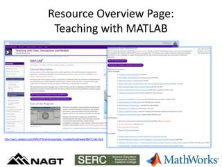Resource Overview Page:
Teaching with MATLAB
http://serc.carleton.edu/NAGTWorkshops/data_models/toolsheets/MATLAB.html
 