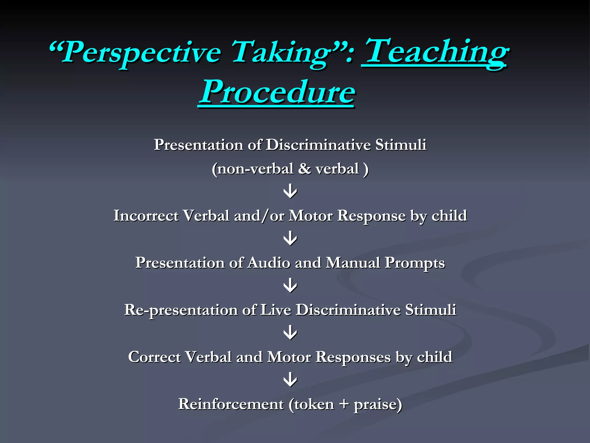 “ Perspective Taking”:  Teaching Procedure Presentation of Discriminative Stimuli (non-verbal & verbal )  Incorrect Verbal and/or Motor Response by child  Presentation of Audio and Manual Prompts  Re-presentation of Live Discriminative Stimuli  Correct Verbal and Motor Responses by child  Reinforcement (token + praise) 