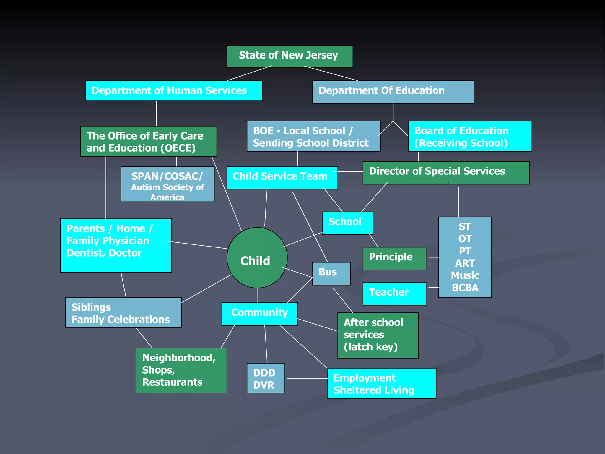 Parents / Home / Family Physician  Dentist, Doctor Siblings  Family Celebrations Community State of New Jersey Department Of Education Director of Special Services ST OT PT ART Music BCBA Teacher After school services (latch key) DDD  DVR Employment Sheltered Living Department of Human Services   SPAN/COSAC/ Autism Society of America BOE - Local School / Sending School District Board of Education (Receiving School) Child Service Team Neighborhood, Shops, Restaurants The Office of Early Care and Education (OECE) School Principle Child Bus  