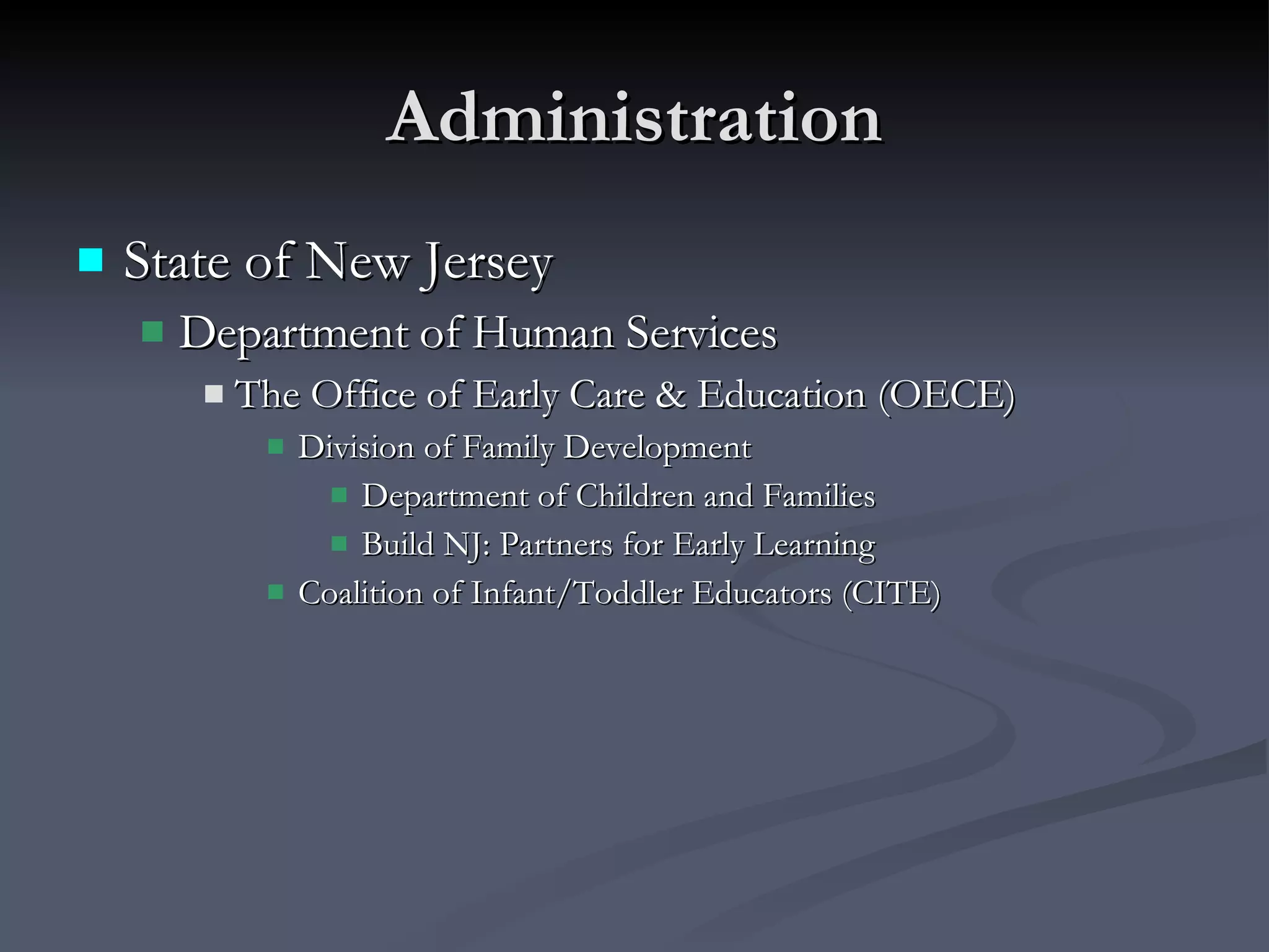 Administration State of New Jersey Department of Human Services The Office of Early Care & Education (OECE) Division of Family Development Department of Children and Families Build NJ: Partners for Early Learning Coalition of Infant/Toddler Educators (CITE) 