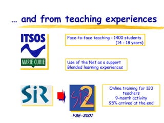 …  and from teaching experiences FSE-2001 Online training for 120 teachers 9-month activity 95% arrived at the end Face-to-face teaching - 1400 students  (14 - 18 years) Use of the Net as a support Blended learning experiences 
