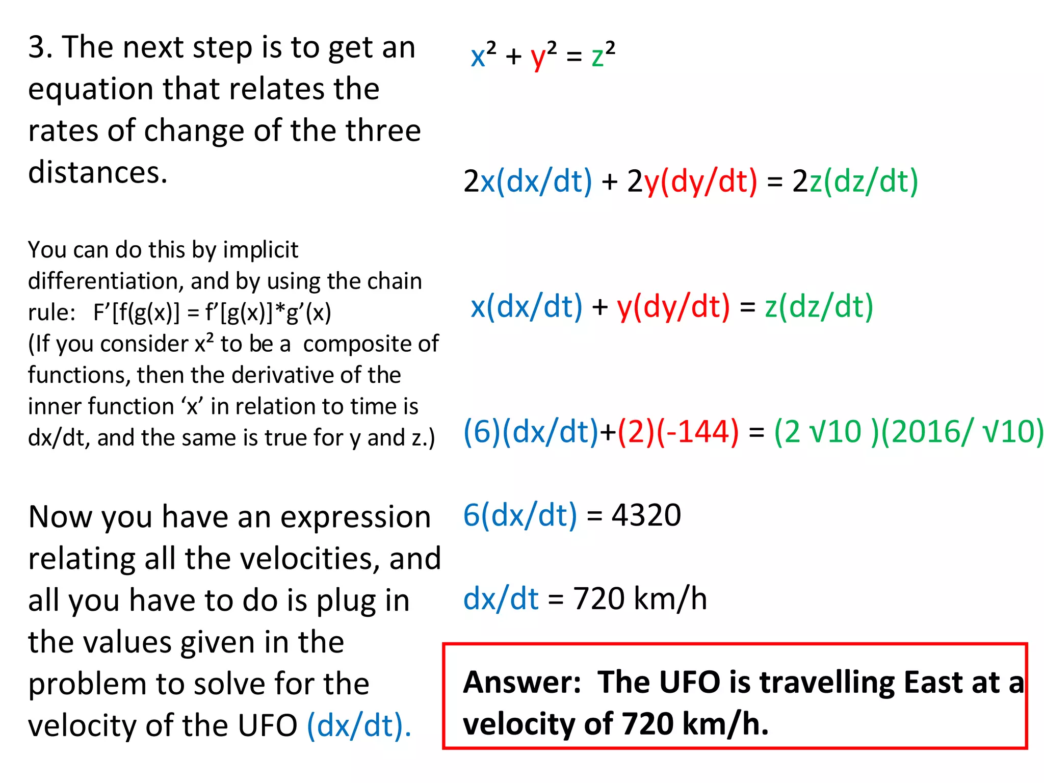 3. The next step is to get an equation that relates the rates of change of the three distances.  You can do this by implicit differentiation, and by using the chain rule:  F’[f(g(x)] = f’[g(x)]*g’(x) (If you consider x² to be a  composite of functions, then the derivative of the inner function ‘x’ in relation to time is dx/dt, and the same is true for y and z.)  Now you have an expression relating all the velocities, and  all you have to do is plug in the values given in the problem to solve for the velocity of the UFO  (dx/dt). x ² +  y ² =  z ² 2 x(dx/dt)  + 2 y(dy/dt)  = 2 z(dz/dt) x(dx/dt)  +  y(dy/dt)  =  z(dz/dt) (6)(dx/dt) + (2)(-144)   =  (2 √10 )(2016/ √10) 6(dx/dt)  = 4320 dx/dt  = 720 km/h Answer:  The UFO is travelling East at a  velocity of 720 km/h. 