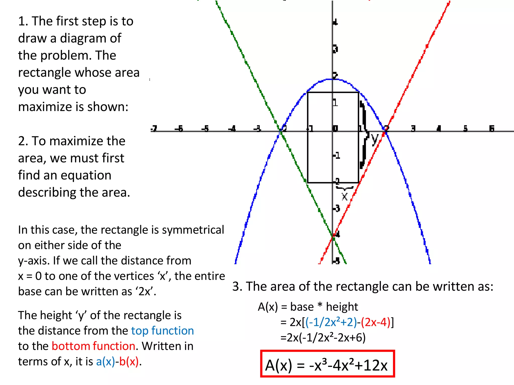 1. The first step is to draw a diagram of the problem. The rectangle whose area you want to maximize is shown:  2. To maximize the area, we must first find an equation describing the area. In this case, the rectangle is symmetrical on either side of the  y-axis. If we call the distance from x = 0 to one of the vertices ‘x’, the entire base can be written as ‘2x’.  The height ‘y’ of the rectangle is the distance from the  top function  to the  bottom function . Written in terms of x, it is  a(x) - b(x) . 3. The area of the rectangle can be written as: A(x) = base * height = 2x[ (-1/2x²+2) - (2x-4) ] =2x(-1/2x²-2x+6) A(x) = -x³-4x²+12x 