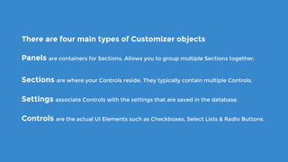 There are four main types of Customizer objects
Panels are containers for Sections. Allows you to group multiple Sections together.
Sections are where your Controls reside. They typically contain multiple Controls.
Settings associate Controls with the settings that are saved in the database.
Controls are the actual UI Elements such as Checkboxes, Select Lists & Radio Buttons.
 