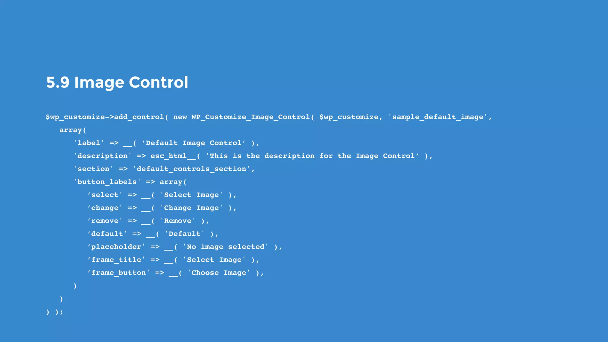 5.9 Image Control
$wp_customize->add_control( new WP_Customize_Image_Control( $wp_customize, 'sample_default_image',
   array(
      'label' => __( ’Default Image Control’ ),
      'description' => esc_html__( 'This is the description for the Image Control’ ),
      'section' => 'default_controls_section',
      'button_labels' => array(
         ‘select' => __( 'Select Image' ),
         ‘change' => __( 'Change Image' ),
         ‘remove' => __( 'Remove' ),
         ‘default' => __( 'Default' ),
         ‘placeholder' => __( 'No image selected' ),
         ‘frame_title' => __( 'Select Image' ),
         ‘frame_button' => __( 'Choose Image' ),
      )
   )
) );
 