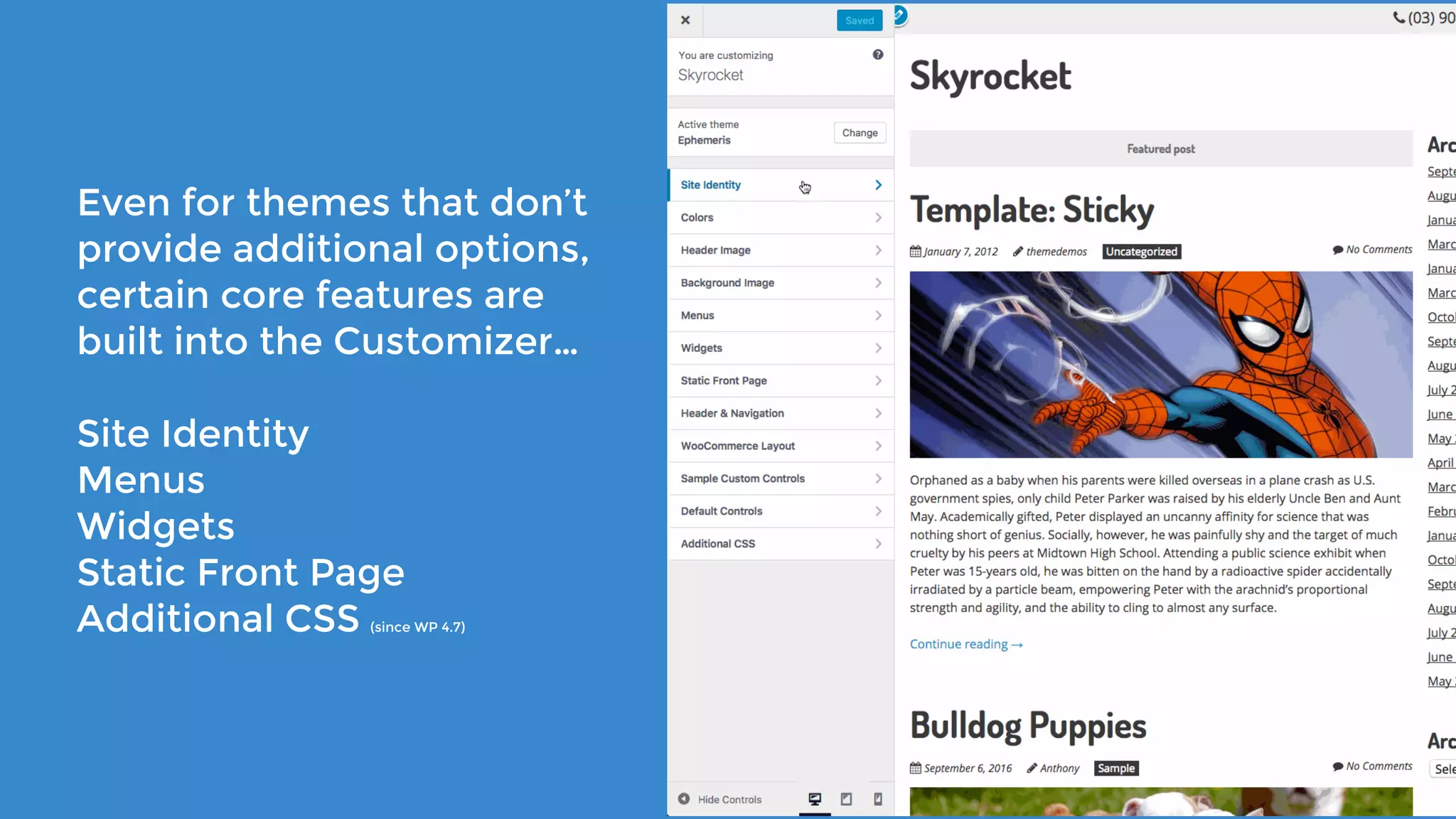 Even for themes that don’t
provide additional options,
certain core features are
built into the Customizer…
Site Identity
Menus
Widgets
Static Front Page
Additional CSS (since WP 4.7)
 