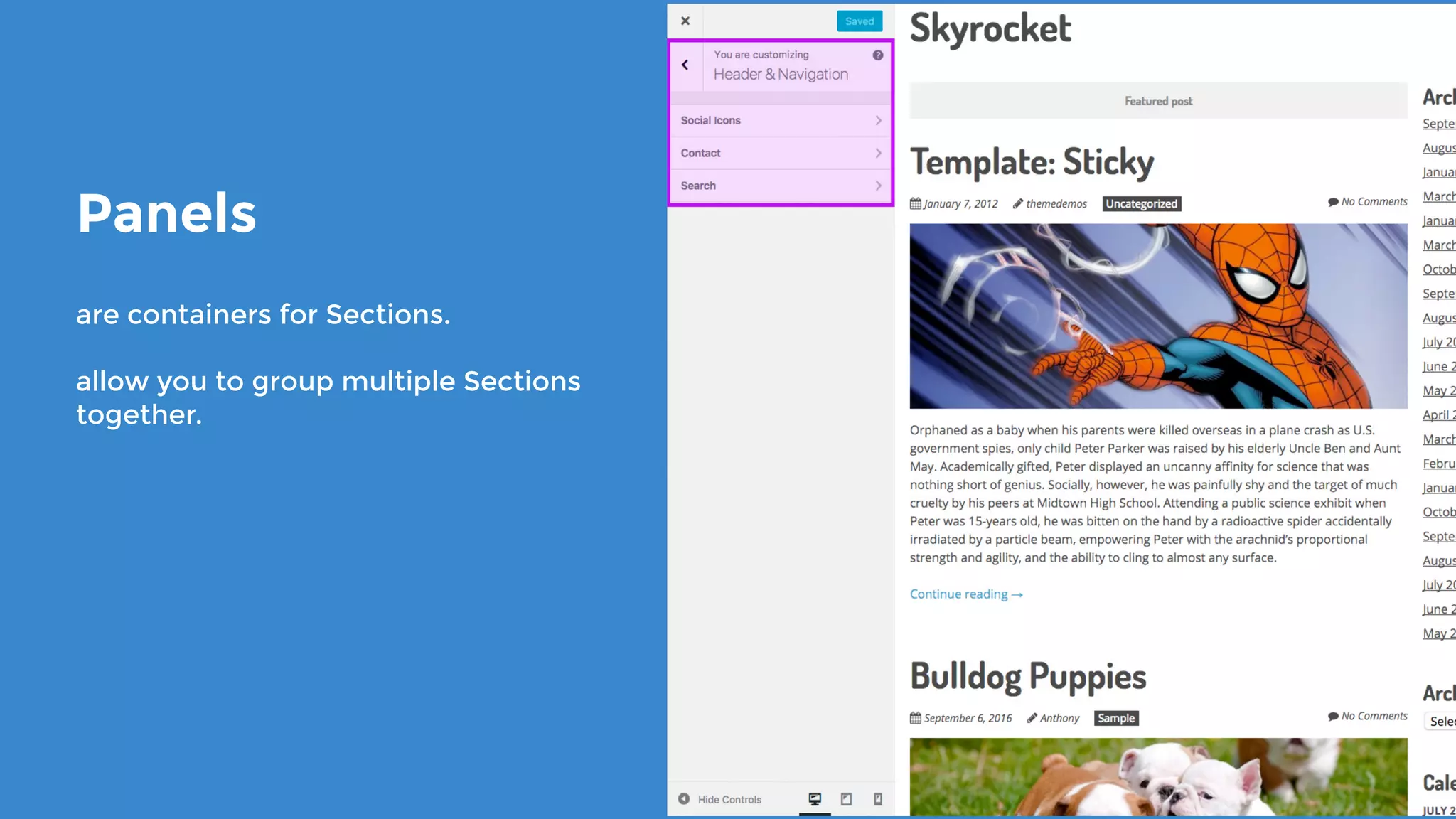 Panels
are containers for Sections.
allow you to group multiple Sections
together.
 