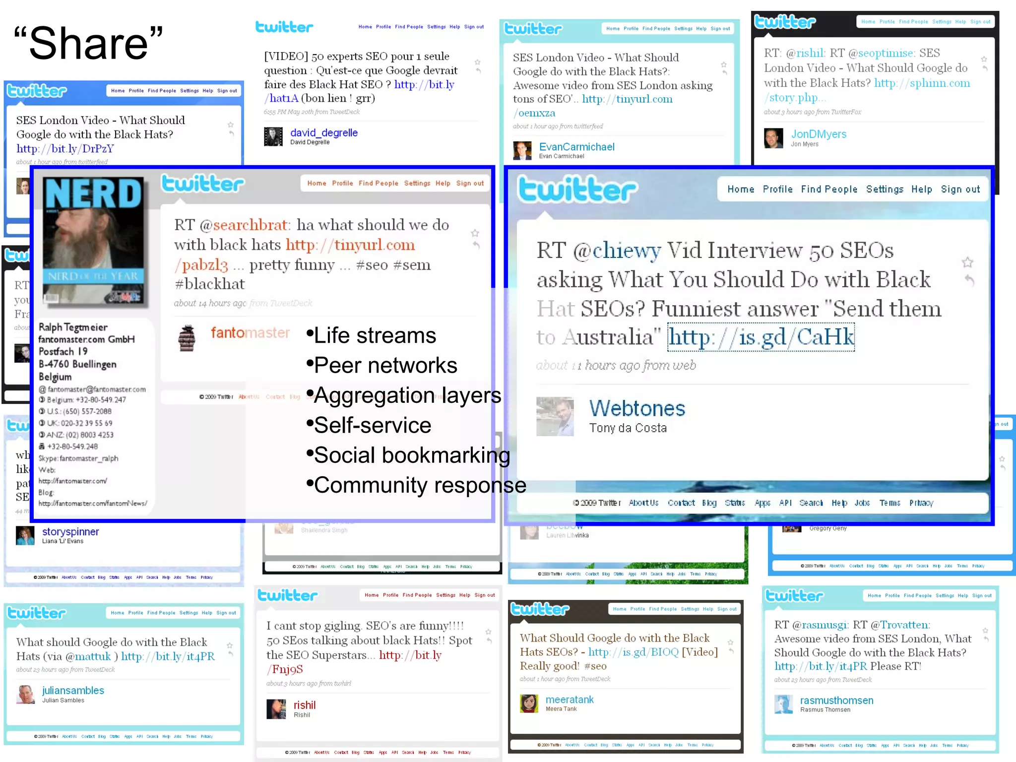 “ Share” Life streams  Peer networks Aggregation layers Self-service Social bookmarking Community response 
