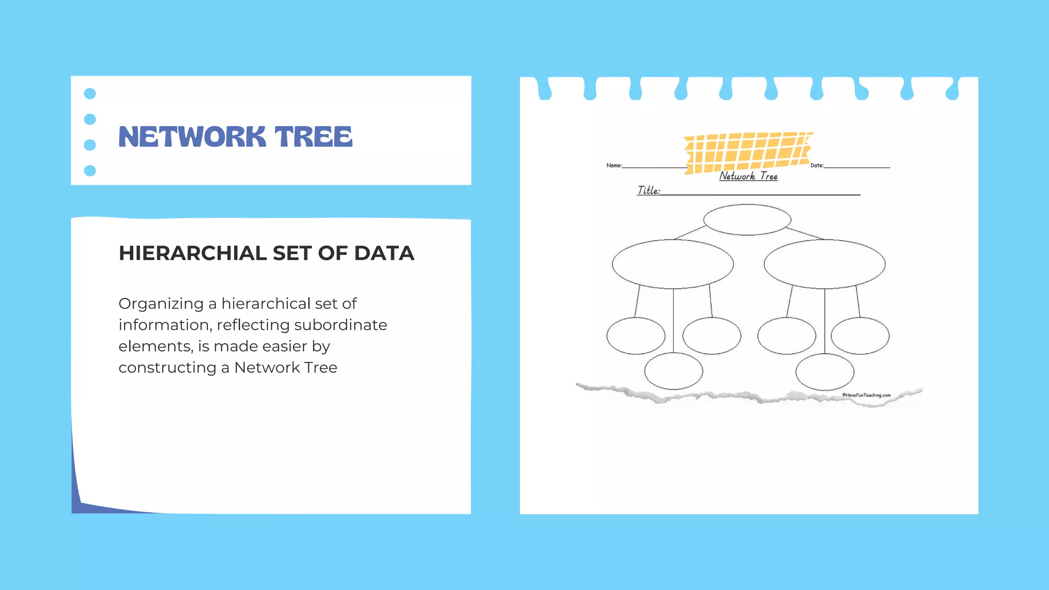 NETWORK TREE
Organizing a hierarchical set of
information, reflecting subordinate
elements, is made easier by
constructing a Network Tree
HIERARCHIAL SET OF DATA
 