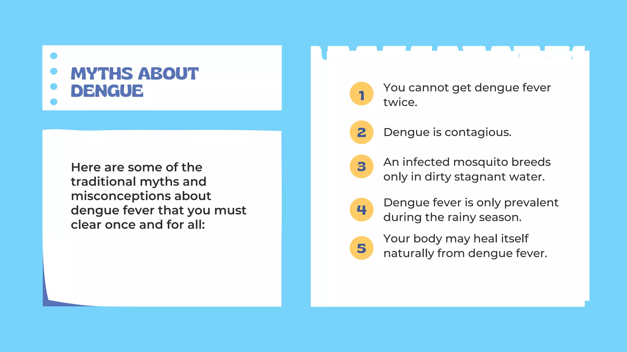 MYTHS ABOUT
DENGUE
Here are some of the
traditional myths and
misconceptions about
dengue fever that you must
clear once and for all:
You cannot get dengue fever
twice.
1
2
3
Dengue is contagious.
An infected mosquito breeds
only in dirty stagnant water.
4
Dengue fever is only prevalent
during the rainy season.
5
Your body may heal itself
naturally from dengue fever.
 