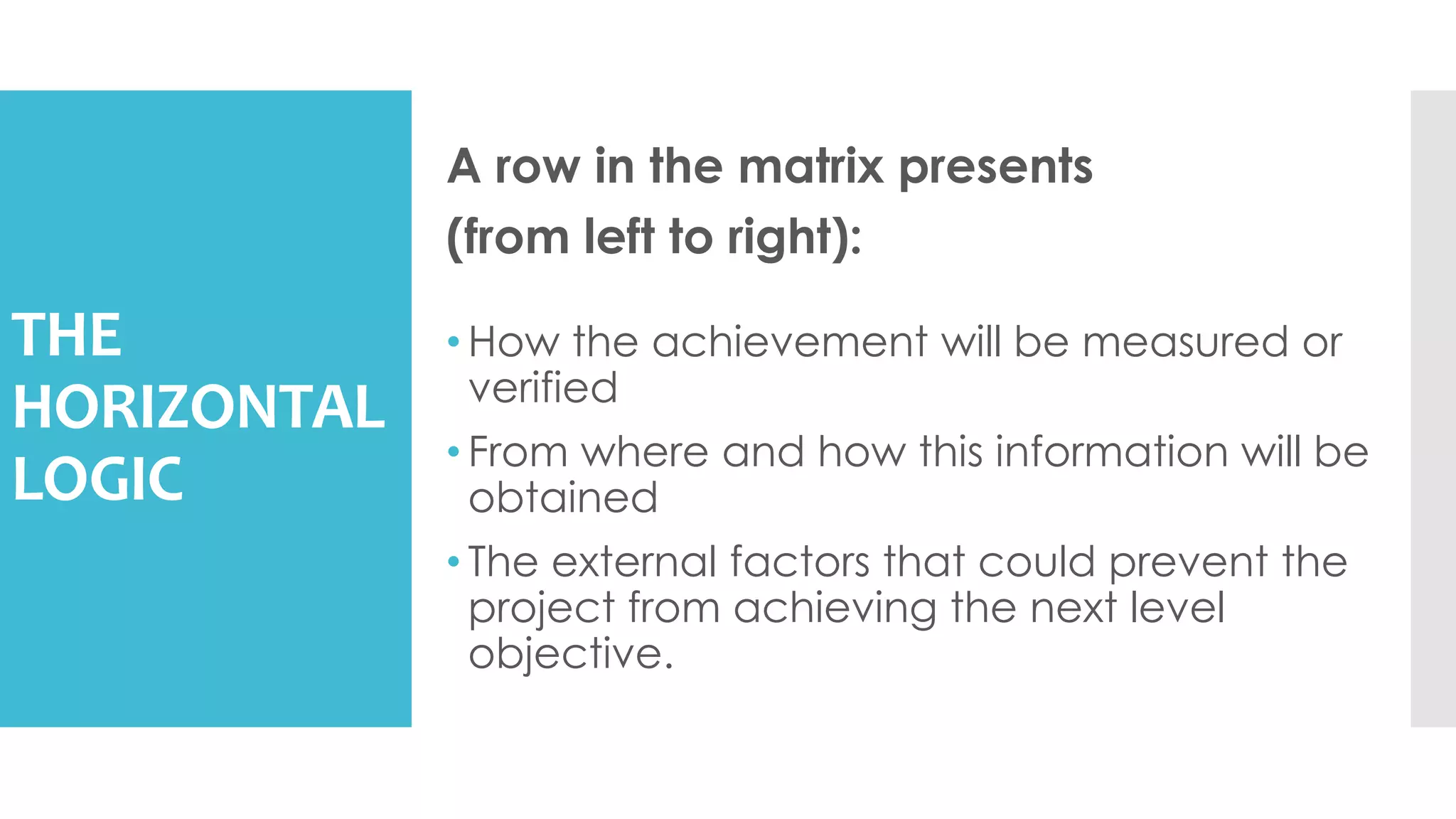 THE
HORIZONTAL
LOGIC
A row in the matrix presents
(from left to right):
• How the achievement will be measured or
verified
• From where and how this information will be
obtained
• The external factors that could prevent the
project from achieving the next level
objective.
 