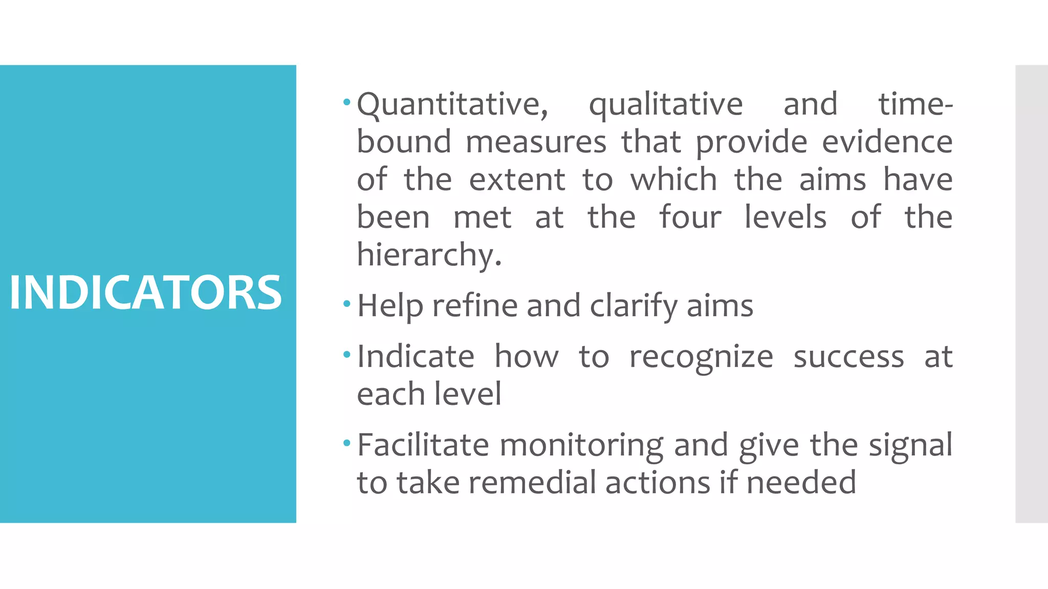 INDICATORS
Quantitative, qualitative and time-
bound measures that provide evidence
of the extent to which the aims have
been met at the four levels of the
hierarchy.
Help refine and clarify aims
Indicate how to recognize success at
each level
Facilitate monitoring and give the signal
to take remedial actions if needed
 