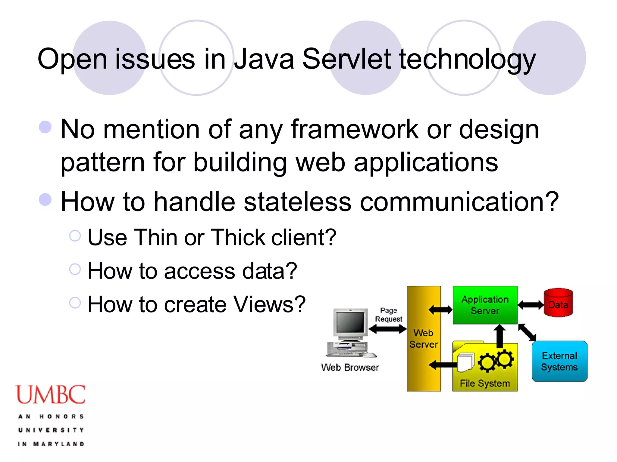 Open issues in Java Servlet technology No mention of any framework or design pattern for building web applications How to handle stateless communication? Use Thin or Thick client? How to access data? How to create Views? 