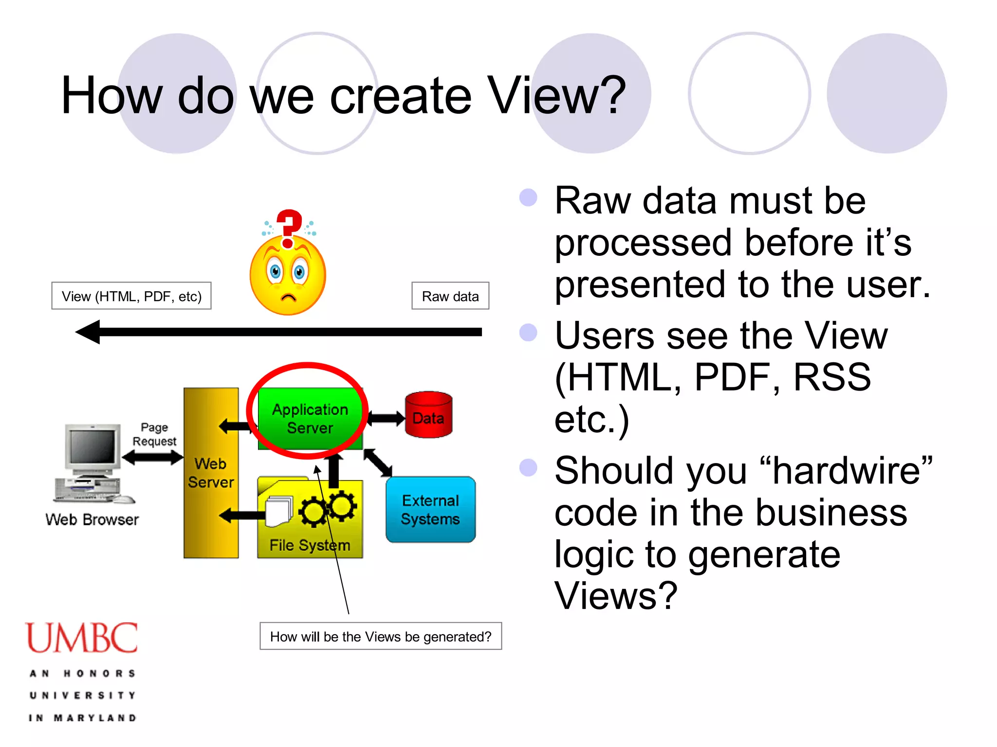 How do we create View? Raw data must be processed before it’s presented to the user.  Users see the View (HTML, PDF, RSS etc.) Should you “hardwire” code in the business logic to generate Views? Raw data View (HTML, PDF, etc) How will be the Views be generated? 