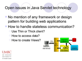 Open issues in Java Servlet technology No mention of any framework or design pattern for building web applications How to handle stateless communication? Use Thin or Thick client? How to access data? How to create Views? 