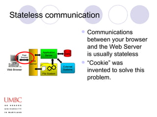 Stateless communication Communications between your browser and the Web Server is usually stateless “ Cookie” was invented to solve this problem.  