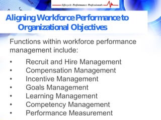 Aligning Workforce Performance to
   Organizational Objectives
 Functions within workforce performance
 management include:
 •      Recruit and Hire Management
 •      Compensation Management
 •      Incentive Management
 •      Goals Management
 •      Learning Management
 •      Competency Management
 • FREE Performance Management Kit at www.performance-success.com
        Performance Measurement
 