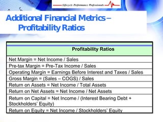 Additional Financial Metrics –
  Profitability Ratios

                            Profitability Ratios

Net Margin = Net Income / Sales
Pre-tax Margin = Pre-Tax Income / Sales
Operating Margin = Earnings Before Interest and Taxes / Sales
Gross Margin = (Sales – COGS) / Sales
Return on Assets = Net Income / Total Assets
Return on Net Assets = Net Income / Net Assets
Return on Capital = Net Income / (Interest Bearing Debt +
Stockholders’ Equity)
Return on Equity = Net Income / Stockholders’ Equity
  FREE Performance Management Kit at www.performance-success.com
 
