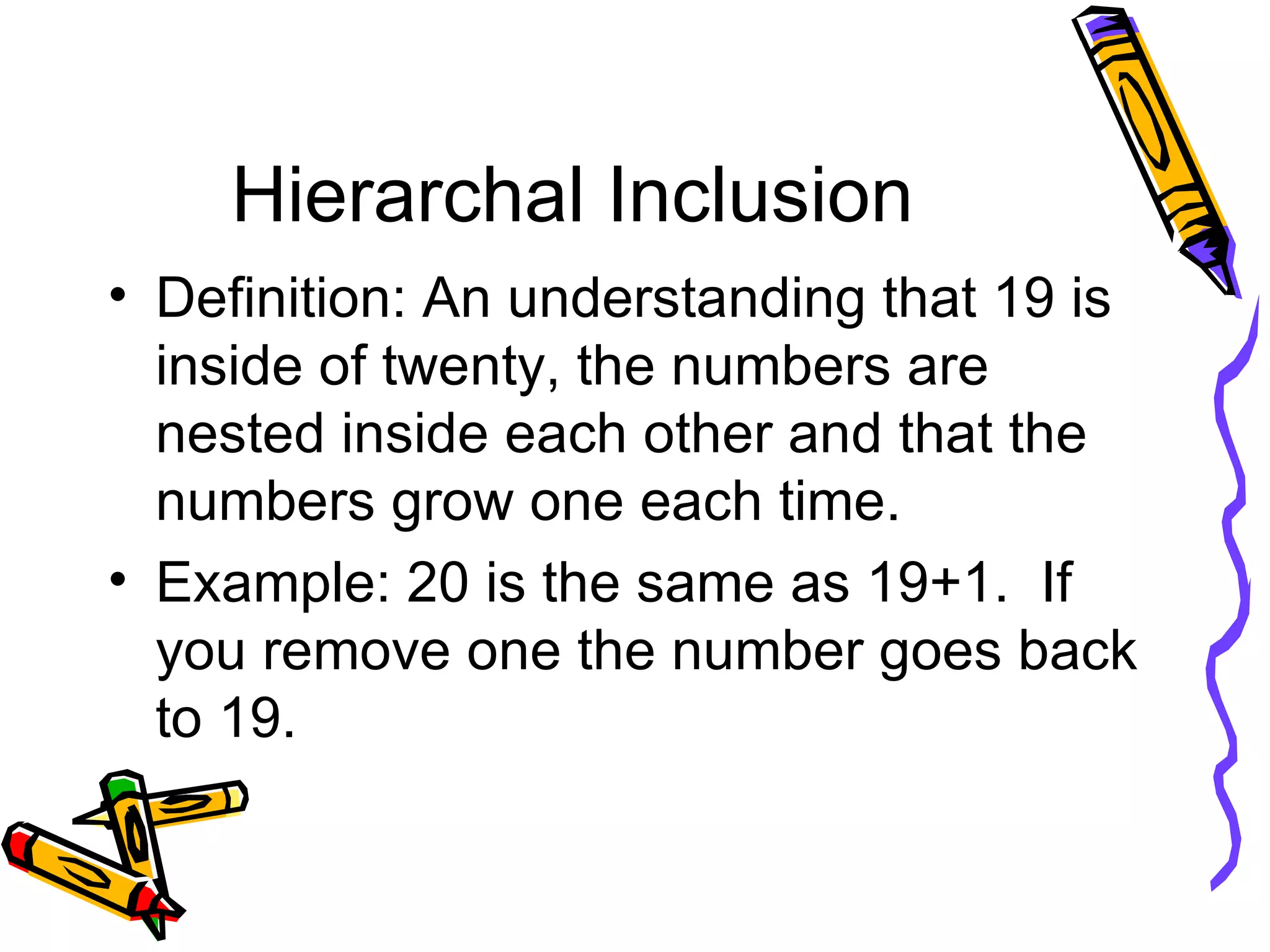 Hierarchal Inclusion Definition: An understanding that 19 is inside of twenty, the numbers are nested inside each other and that the numbers grow one each time.  Example: 20 is the same as 19+1.  If you remove one the number goes back to 19. 