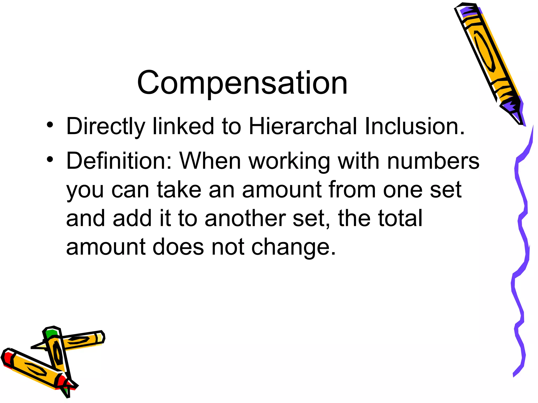 Compensation Directly linked to Hierarchal Inclusion. Definition: When working with numbers you can take an amount from one set and add it to another set, the total amount does not change. 