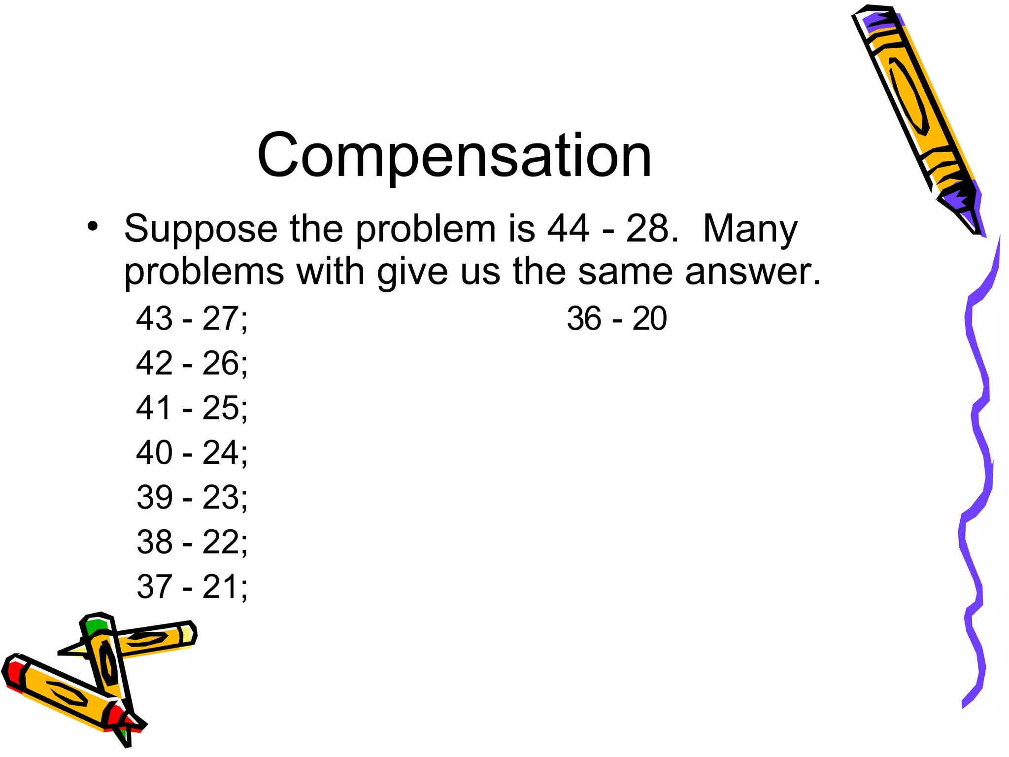 Compensation Suppose the problem is 44 - 28.  Many problems with give us the same answer. 43 - 27;  36 - 20 42 - 26; 41 - 25; 40 - 24; 39 - 23; 38 - 22; 37 - 21; 