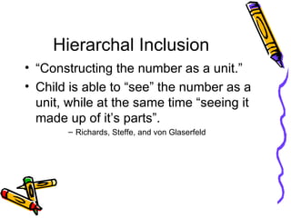 Hierarchal Inclusion “Constructing the number as a unit.”  Child is able to “see” the number as a unit, while at the same time “seeing it made up of it’s parts”. Richards, Steffe, and von Glaserfeld 