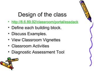 Design of the class http://8.6.89.92/classroom/portal/ essdack Define each building block. Discuss Examples. View Classroom Vignettes Classroom Activities Diagnostic Assessment Tool  