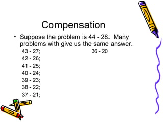 Compensation Suppose the problem is 44 - 28.  Many problems with give us the same answer. 43 - 27;  36 - 20 42 - 26; 41 - 25; 40 - 24; 39 - 23; 38 - 22; 37 - 21; 