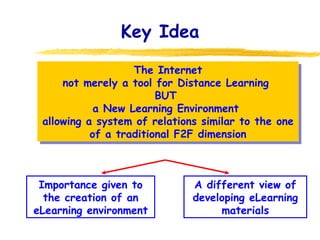 Key Idea The Internet not merely a tool for Distance Learning  BUT  a New Learning Environment  allowing a system of relations similar to the one of a traditional F2F dimension A different view of developing eLearning materials Importance given to the creation of an eLearning environment 