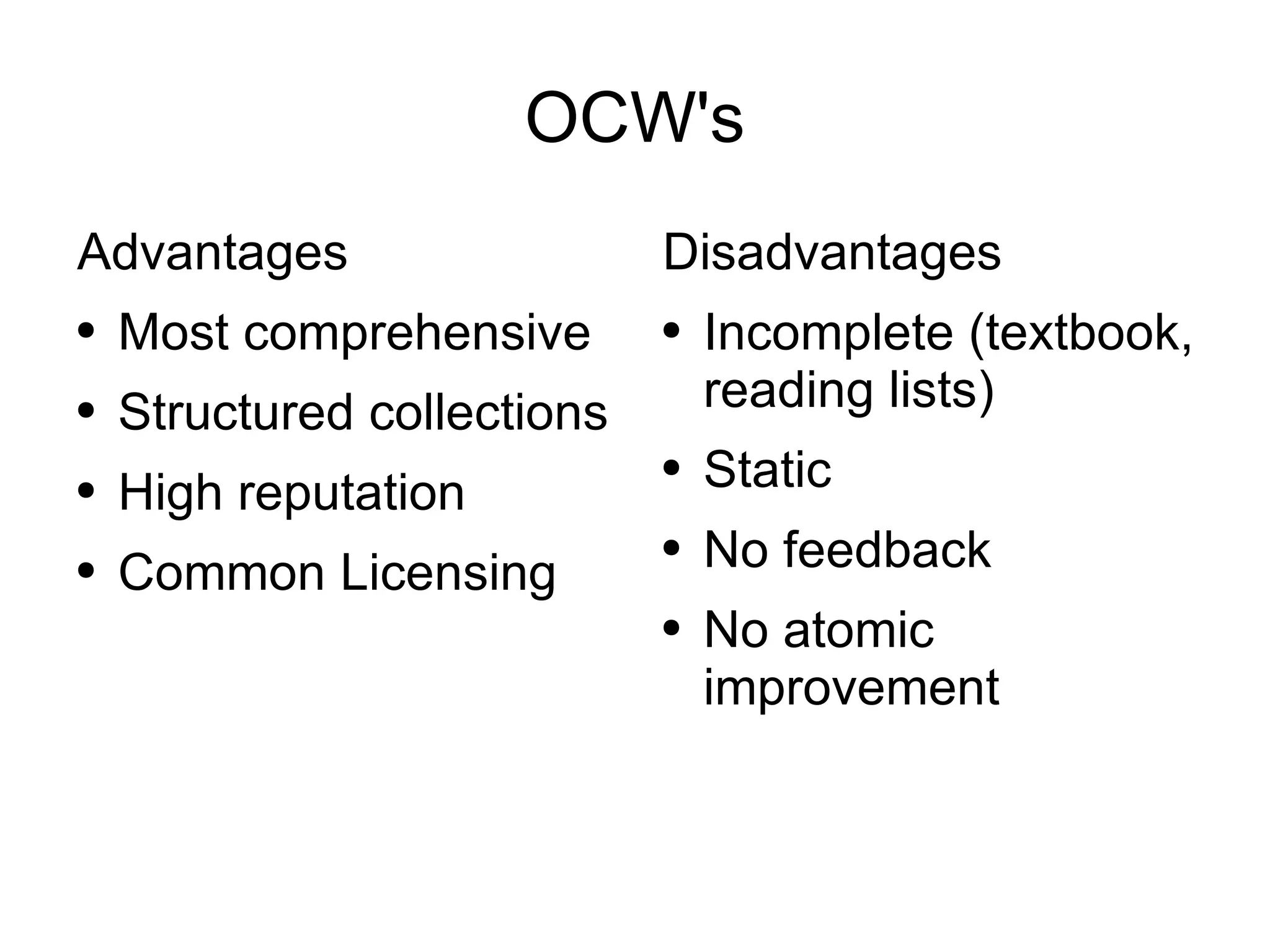 OCW's Advantages Most comprehensive Structured collections High reputation Common Licensing Disadvantages Incomplete (textbook, reading lists) Static No feedback No atomic improvement 