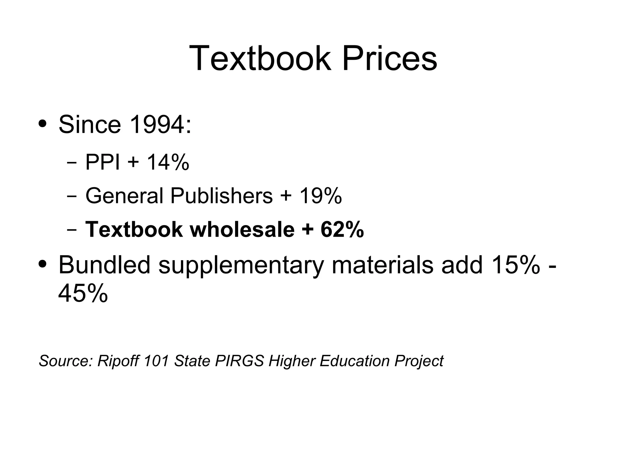Textbook Prices Since 1994: PPI + 14% General Publishers + 19% Textbook wholesale + 62% Bundled supplementary materials add 15% - 45% Source: Ripoff 101 State PIRGS Higher Education Project 
