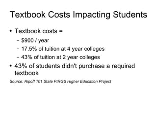 Textbook Costs Impacting Students Textbook costs =  $900 / year 17.5% of tuition at 4 year colleges 43% of tuition at 2 year colleges 43% of students didn't purchase a required textbook Source: Ripoff 101 State PIRGS Higher Education Project 