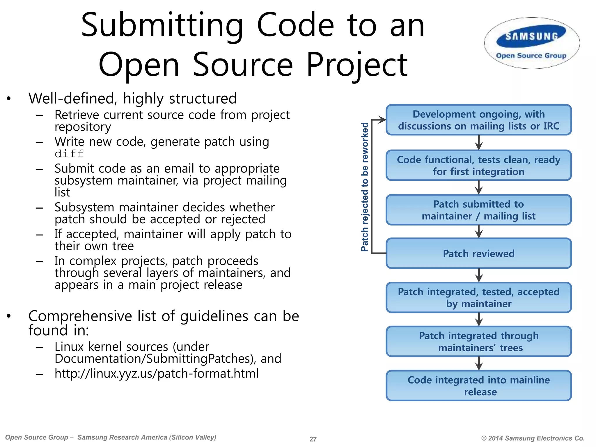 27 © 2014 Samsung Electronics Co.Open Source Group – Samsung Research America (Silicon Valley)
Submitting Code to an
Open Source Project
• Well-defined, highly structured
– Retrieve current source code from project
repository
– Write new code, generate patch using
diff
– Submit code as an email to appropriate
subsystem maintainer, via project mailing
list
– Subsystem maintainer decides whether
patch should be accepted or rejected
– If accepted, maintainer will apply patch to
their own tree
– In complex projects, patch proceeds
through several layers of maintainers, and
appears in a main project release
• Comprehensive list of guidelines can be
found in:
– Linux kernel sources (under
Documentation/SubmittingPatches), and
– http://linux.yyz.us/patch-format.html
Development ongoing, with
discussions on mailing lists or IRC
Code functional, tests clean, ready
for first integration
Patch submitted to
maintainer / mailing list
Patch reviewed
Patch integrated, tested, accepted
by maintainer
Patch integrated through
maintainers’ trees
Code integrated into mainline
release
Patchrejectedtobereworked
 