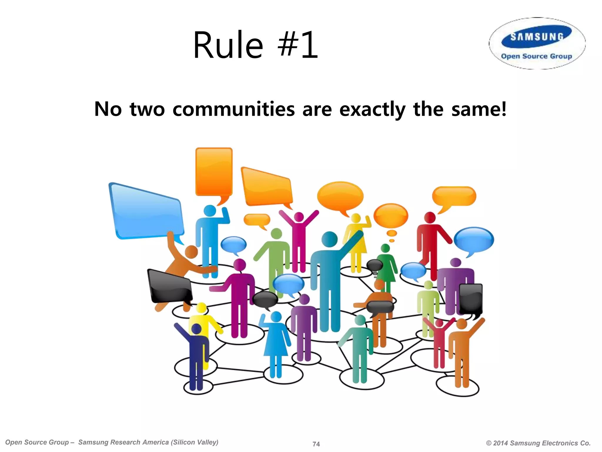 74 © 2014 Samsung Electronics Co.Open Source Group – Samsung Research America (Silicon Valley)
Rule #1
No two communities are exactly the same!
 