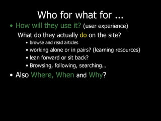 Who for what for ... How will they use it?   (user experience) What do they actually  do  on the site?  browse and read articles working alone or in pairs? (learning resources) lean forward or sit back? Browsing, following, searching… Also  Where, When  and  Why ? 