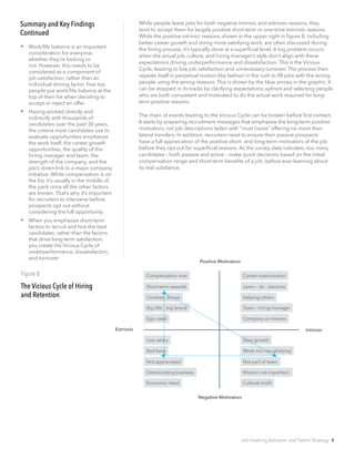 While people leave jobs for both negative intrinsic and extrinsic reasons, they
tend to accept them for largely positive short-term or one-time extrinsic reasons.
While the positive intrinsic reasons, shown in the upper right in figure 8, including
better career growth and doing more satisfying work, are often discussed during
the hiring process, it’s typically done at a superficial level. A big problem occurs
when the actual job, culture, and hiring manager’s style don’t align with these
expectations driving underperformance and dissatisfaction. This is the Vicious
Cycle, leading to low job satisfaction and unnecessary turnover. The process then
repeats itself in perpetual motion-like fashion in the rush to fill jobs with the wrong
people using the wrong reasons. This is shown by the blue arrows in the graphic. It
can be stopped in its tracks by clarifying expectations upfront and selecting people
who are both competent and motivated to do the actual work required for long-
term positive reasons.
The chain of events leading to the Vicious Cycle can be broken before first contact.
It starts by preparing recruitment messages that emphasize the long-term positive
motivators, not job descriptions laden with “must haves” offering no more than
lateral transfers. In addition, recruiters need to ensure their passive prospects
have a full appreciation of the positive short- and long-term motivators of the job
before they opt out for superficial reasons. As the survey data indicates, too many
candidates – both passive and active – make quick decisions based on the initial
compensation range and short-term benefits of a job, before ever learning about
its real substance.
Summary and Key Findings 	
Continued
 Work/life balance is an important
consideration for everyone,
whether they’re looking or
not. However, this needs to be
considered as a component of
job satisfaction, rather than an
individual driving factor. Few top
people put work/life balance at the
top of their list when deciding to
accept or reject an offer.
 Having worked directly and
indirectly with thousands of
candidates over the past 30 years,
the criteria most candidates use to
evaluate opportunities emphasize
the work itself, the career growth
opportunities, the quality of the
hiring manager and team, the
strength of the company, and the
job’s direct link to a major company
initiative. While compensation is on
the list, it’s usually in the middle of
the pack once all the other factors
are known. That’s why it’s important
for recruiters to intervene before
prospects opt out without
considering the full opportunity.
 When you emphasize short-term
factors to recruit and hire the best
candidates, rather than the factors
that drive long-term satisfaction,
you create the Vicious Cycle of
underperformance, dissatisfaction,
and turnover.
The Vicious Cycle of Hiring
and Retention
Figure 8 Compensation max
Short-term rewards
Contests, bonus
Ego need
Career maximization
Learn - do - become
Helping others
Team - hiring manager
Company or mission
Low salary
Bad boss
Economic need
Slow growth
Work mix not satisfying
Cultural misfit
Negative Motivators
Positive Motivators
Extrinsic Intrinsic
Mission not important
Not part of team
Deteriorating business
Big title - big brand
Not appreciated
Job-Seeking Behavior and Talent Strategy 8
 