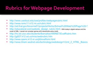 http://www.uwstout.edu/soe/profdev/webpagerubric.html   http://www.remc11.k12.mi.us/rubric.html http://ed.fnal.gov/lincon/w01/projects/Herbs/School%20Web%20Page%20-%20Rubric.htm http://educatoral.com/website_design_rubric.html   - With today’s digital natives and the onset of GBL, I would not consider games and interactives extra credit. http://lrs.ed.uiuc.edu/students/tbarcalow/490NET/EvalRubric.htm http://jg027.k12.sd.us/misc/webrubric.htm http://www.openc.k12.or.us/jitt/evalform.html http://www.bham.wednet.edu/technology/webdesign1/Unit_2_HTML_Basics/MyHTML.htm 