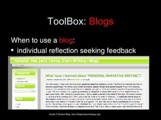 ToolBox:  Blogs When to use a  blog : individual reflection seeking feedback Grade 5 Student Blog: http://heejae.learnerblogs.org/ 