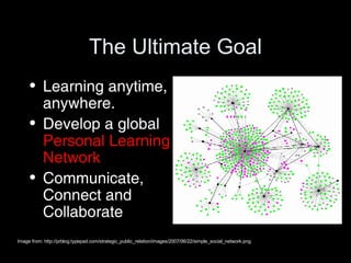 The Ultimate Goal Learning anytime, anywhere. Develop a global  Personal Learning Network Communicate, Connect and Collaborate Image from: http://prblog.typepad.com/strategic_public_relation/images/2007/06/22/simple_social_network.png 
