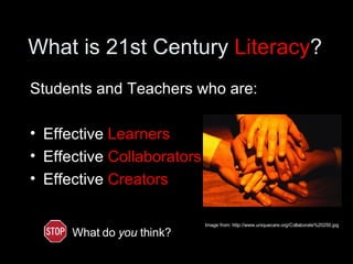 What is 21st Century  Literacy ? Students and Teachers who are: Effective  Learners Effective  Collaborators Effective  Creators Image from: http://www.uniquecare.org/Collaborate%20250.jpg What do  you  think? 