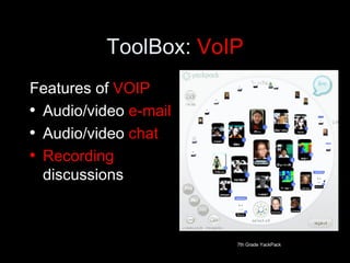 ToolBox:  VoIP <ul><li>Features of  VOIP </li></ul><ul><li>Audio/video  e-mail </li></ul><ul><li>Audio/video  chat </li></...