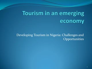 Developing Tourism in Nigeria: Challenges and
                                Opportunities




                                                1
 