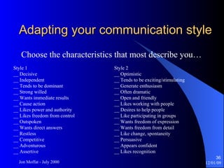 Adapting your communication style Choose the characteristics that most describe you… Style 1 __ Decisive __ Independent __ Tends to be dominant __ Strong willed __ Wants immediate results __ Cause action __ Likes power and authority __ Likes freedom from control __ Outspoken __ Wants direct answers __ Restless __ Competitive __ Adventurous __ Assertive Style 2 __ Optimistic __ Tends to be exciting/stimulating __ Generate enthusiasm __ Often dramatic __ Open and friendly __ Likes working with people __ Desires to help people __ Like participating in groups  __ Wants freedom of expression __ Wants freedom from detail __ Like change, spontaneity __ Persuasive __ Appears confident __ Likes recognition 